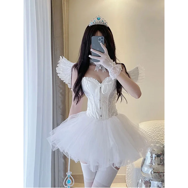 Koreanische sexy Fee 2 Stück Set Frauen weiß V-Ausschnitt Leibchen Crop Tops Mesh Tutu A-Rock Anzug Halloween Party Engel Cosplay Kostüm