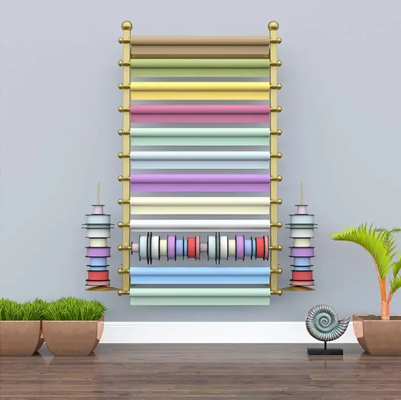 Wall-mounted Floral Flower Wrapping Paper Ribbon Ribbon Shelf Wall Flower Shop Hanging Pennant Scarf Display Storage Rack