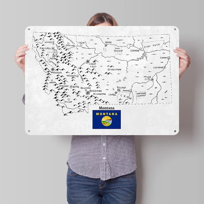Hand Drawn Map of Montana Personalized 3D Textured Metal Poster Wall Art Vintage Tin Signs for Garage Decoration Room Wand Deko