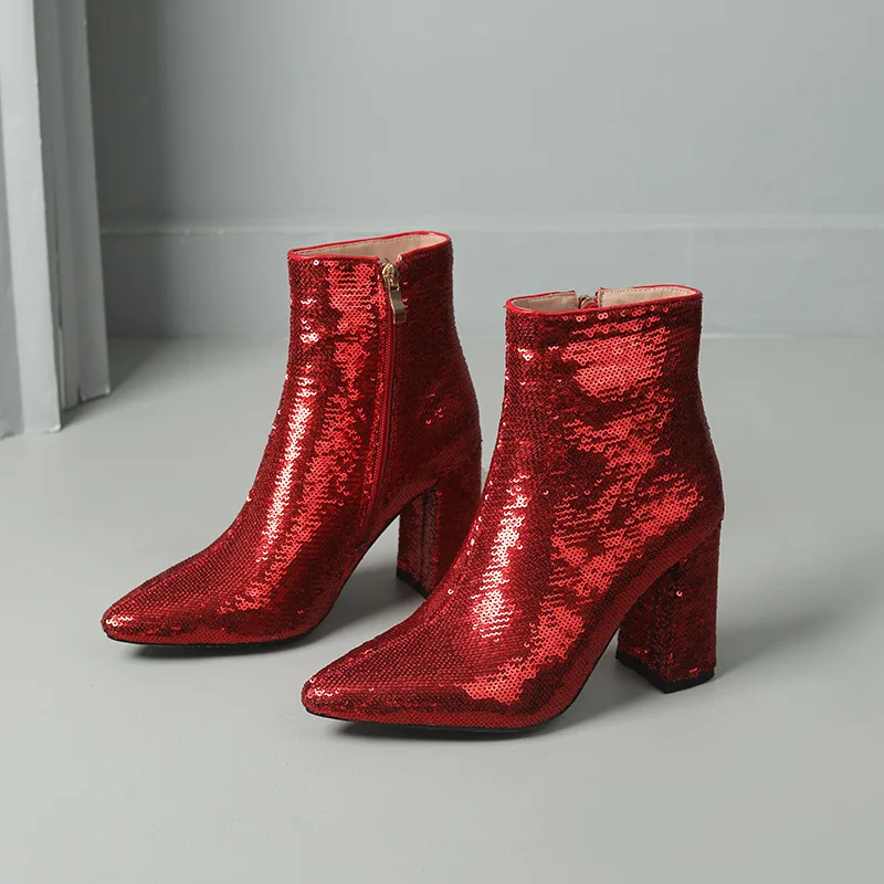 

Gorgeous Glitter Sequins Chelsea Boots British Retro Pointed Square Heel Zipper Short Knight Boots Sexy Women's Boots 33&43