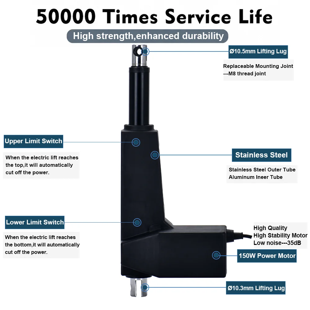 8000N Electric Linear Actuator DC12V/24V 50mm~1000mm Stroke 100kg~800kg Load Capacity 150W Motor Power with M10 Brackets