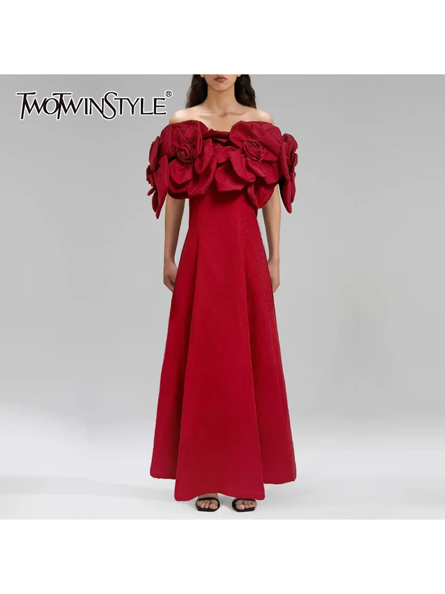 TWOTWINSTYLE Solid Spliced Appliques Elegant Dresses For Women Strapless Sleeveless High Waist Designer Long Dress Female New