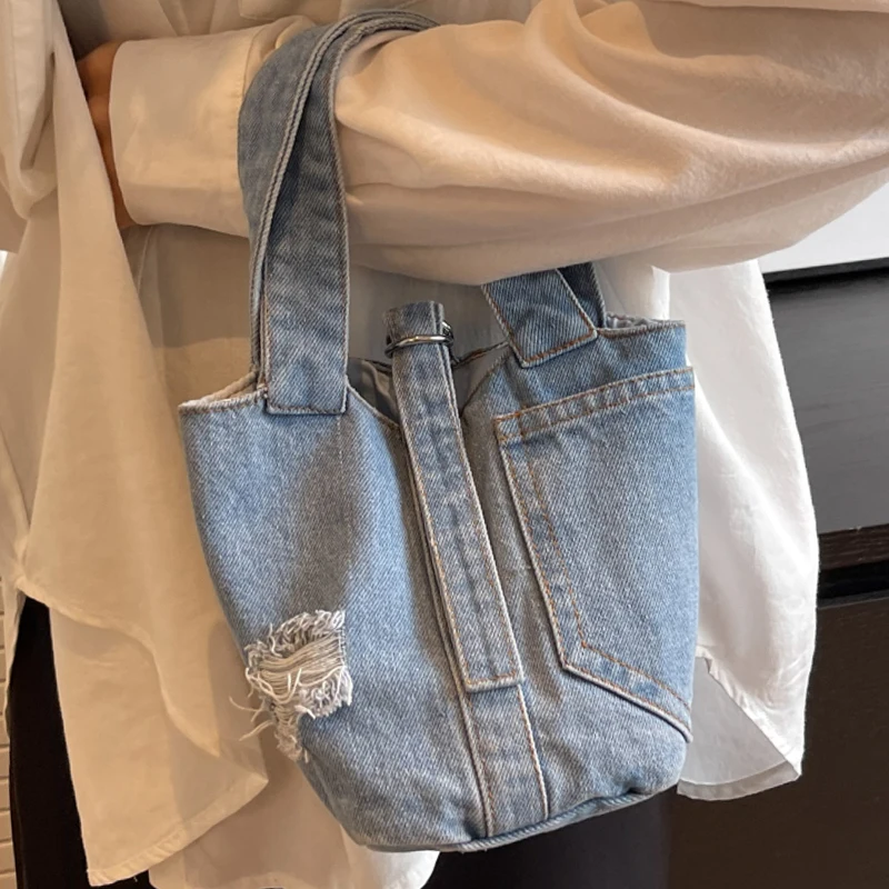 2024 Female Niche Denim Shoulder Bag Light Blue Ladys Small Shopper Original Handbag Vintage Ripped Jeans Women's Crossbody Bags