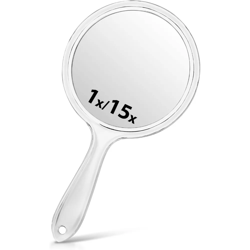 

Hand Mirror, Double-Sided 1X/15X Magnifying Mirror with Handle, Acrylic, 8.3" L x 4.5" W, Clear, Pack of 1, Hand Mirror