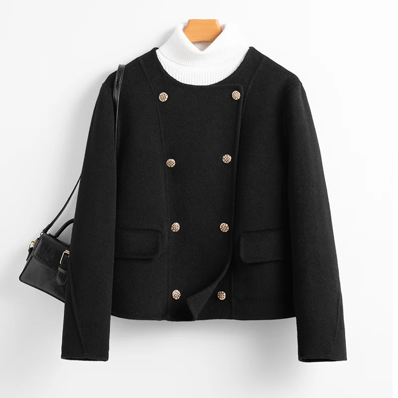 Autumn and Winter New 100% Pure Wool Double Sided Coat Women's Round Neck Loose Solid Color Fashion Short Fragrant Coat Top