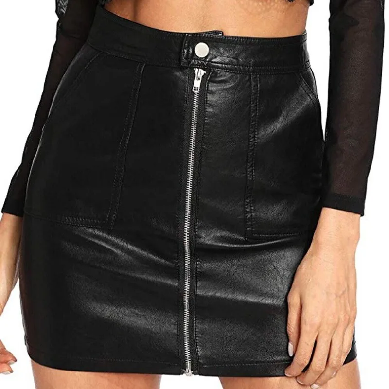 Women's Pure Silver Zip Genuine Lambskin Leather Skirt Short Pockets Black Skirt