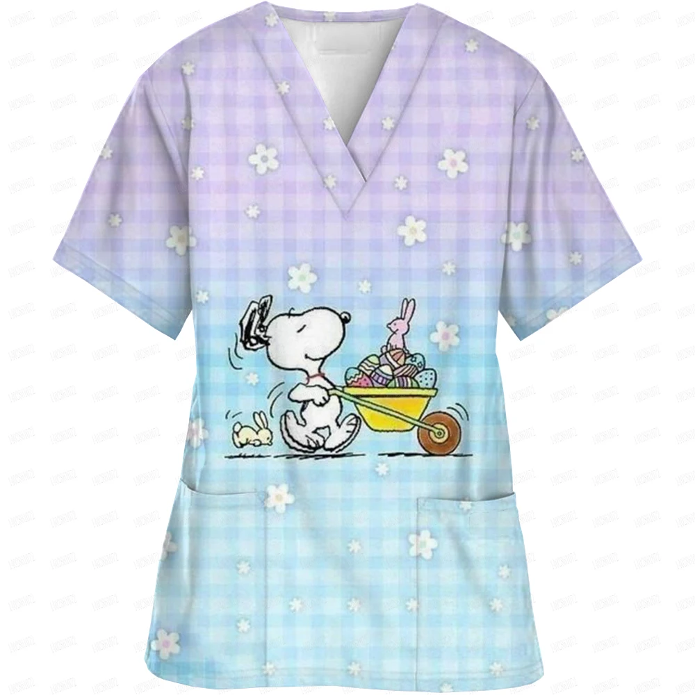 Ladies Nurse Uniform Short Sleeve V-neck Workwear Snoopy Print Working Uniform Woman Polyester Casual Medical Nursing Blouse