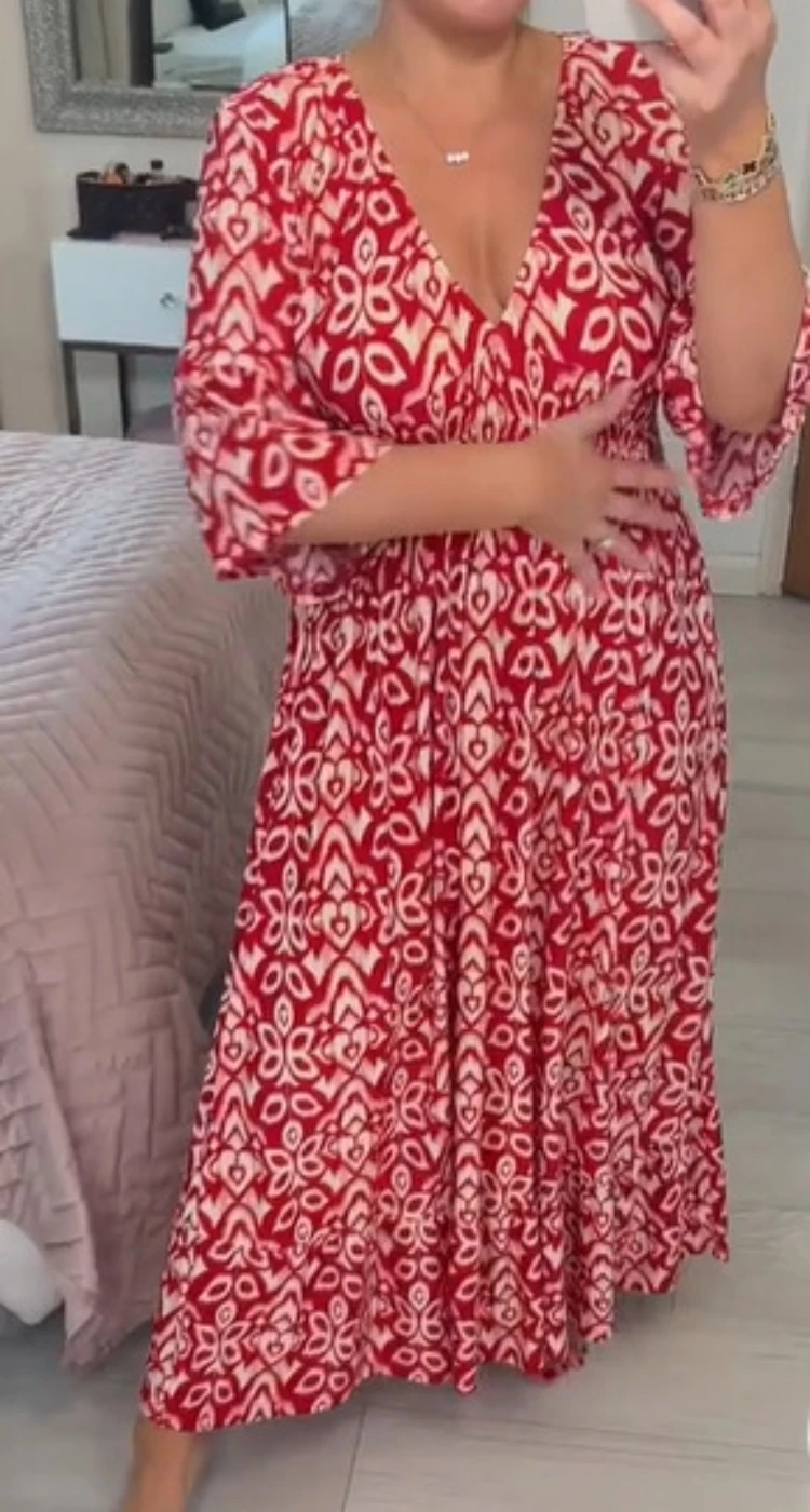 

Women Retro Print Robe Vestidos Oversized Beach Loose Boho 2023 Summer Fashion Even Dresses Sexy V-neck Elegant Party Maxi Dress