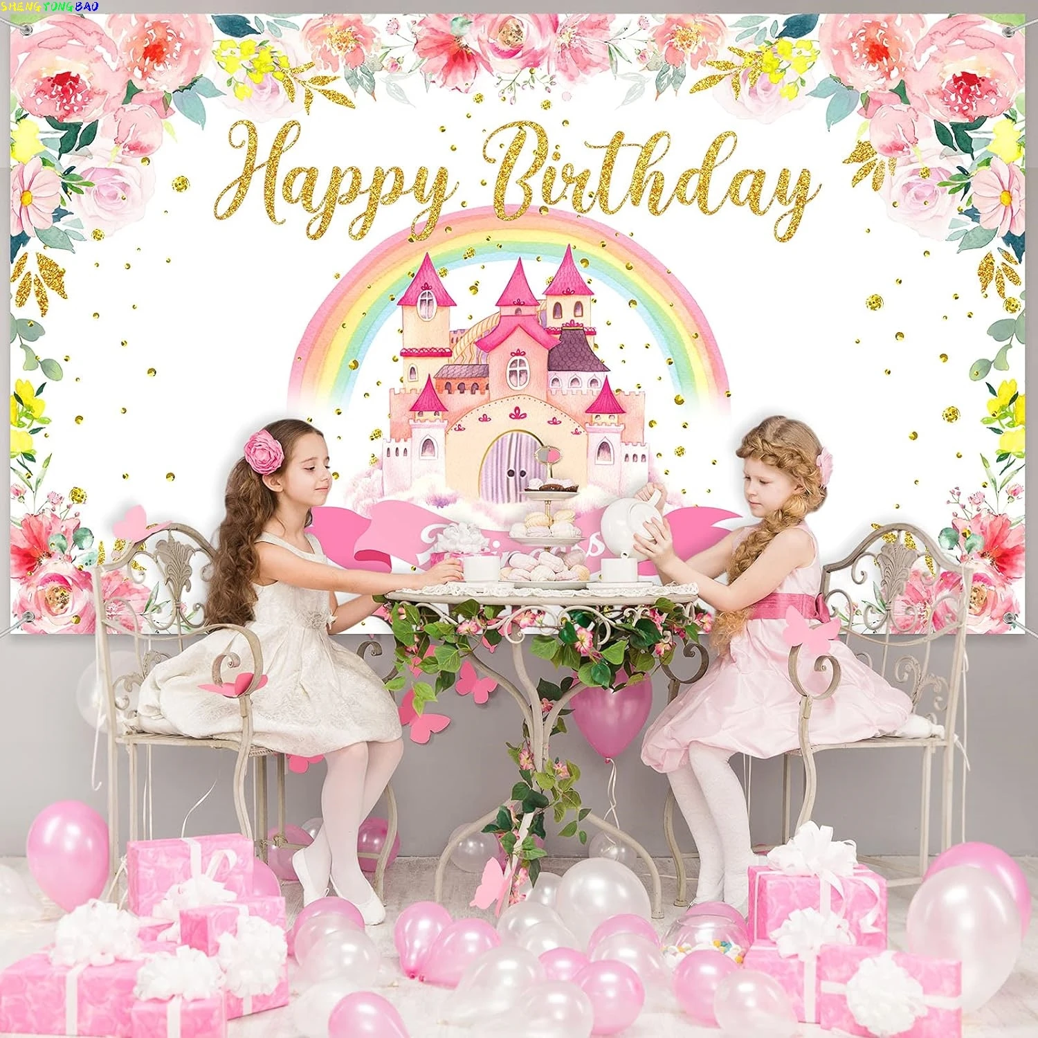 

Princess Birthday Party Backdrop Pink Royal Castle Photography Background Rainbow and Flower Banner Decoration for Girl Baby