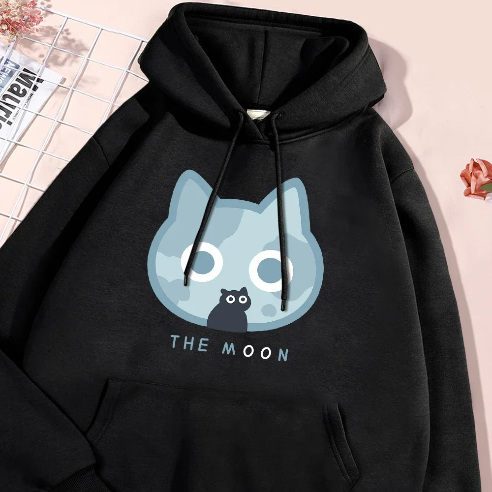 

Moon Blue Cat Funny Print Hoodie Unisex, Harajuku Style, Loose Warm Sweatshirt Fashionable Couple Fleece Pullover