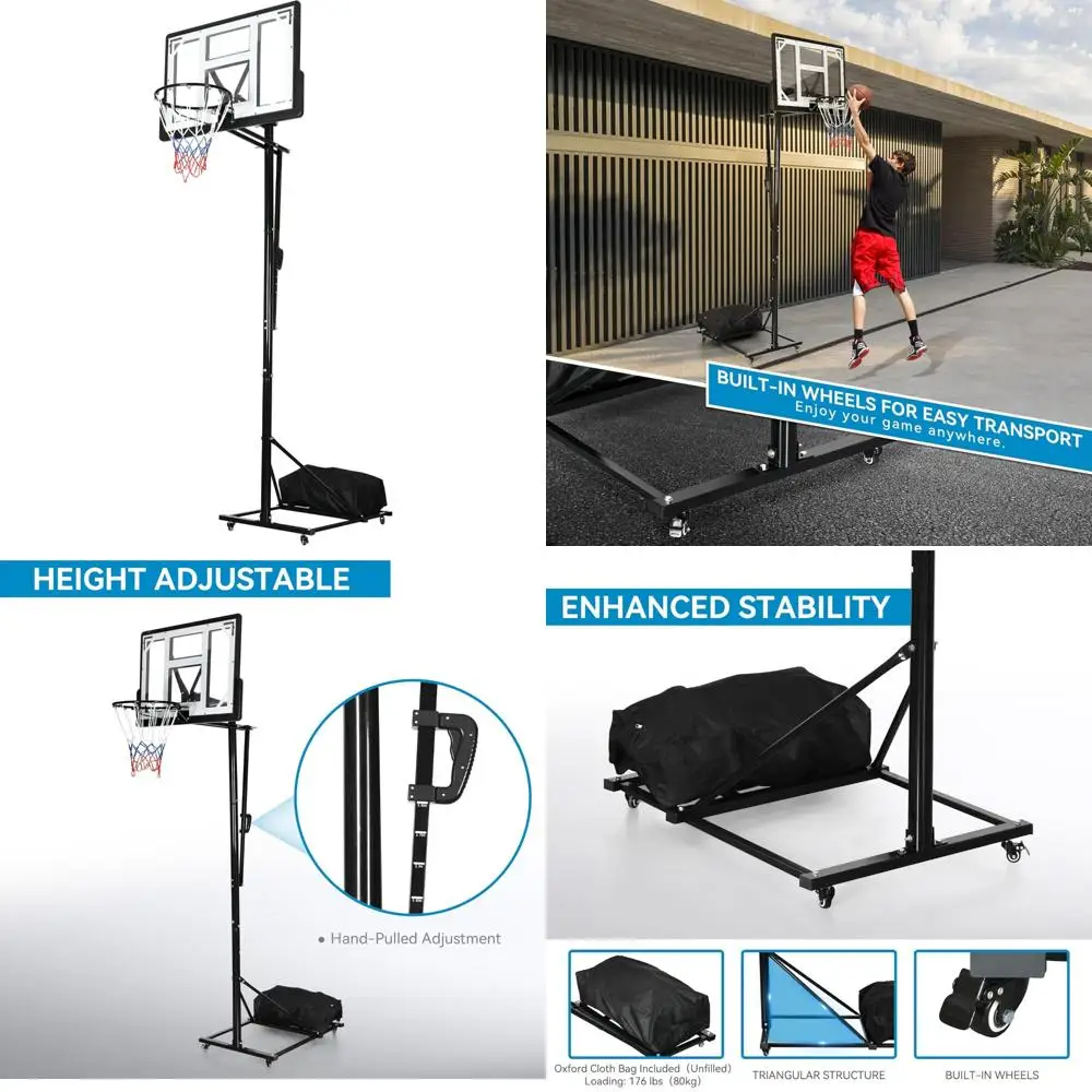 

Портативное регулируемое баскетбольное кольцо для улицы длиной 10 футов с железным основанием и 4 колесами для легкой мобильности, подходит для высоты от 4,5 до 10 футов