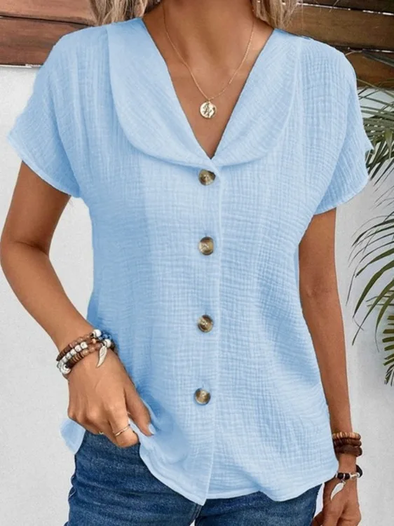 

Women's Comfortable Loose Fit ort Sve irt with Button up Collar Breathable Cotton Batwing Sve Fre Sle irt