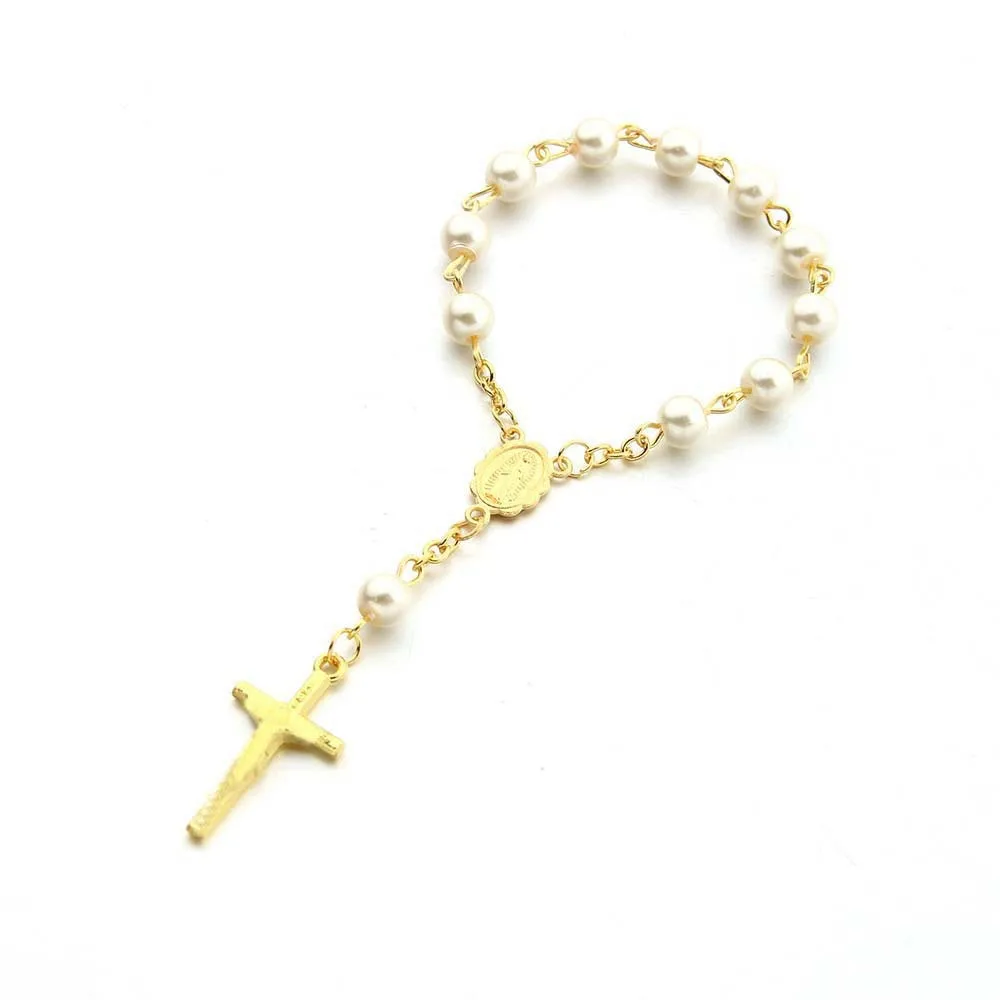 Regalo de bautismo de perlas de vidrio para niñas, rosario con cadena para dedo cruzado en forma de corazón, mini joyería de primera comunión para niños