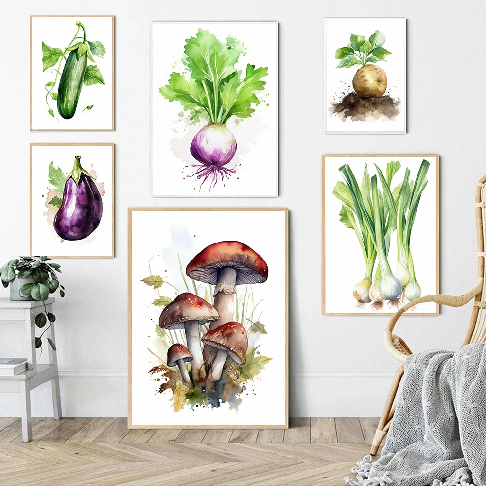 Pintura en lienzo de acuarela para Decoración de cocina, póster de vegetales, impresiones artísticas de pared para comedor, decoración del hogar