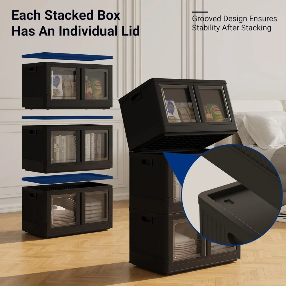 3 Pack Stackable Storage Bins With Lids, Collapsible Plastic Storage Bins, Closet Organizers and Storage  Containers with Doors