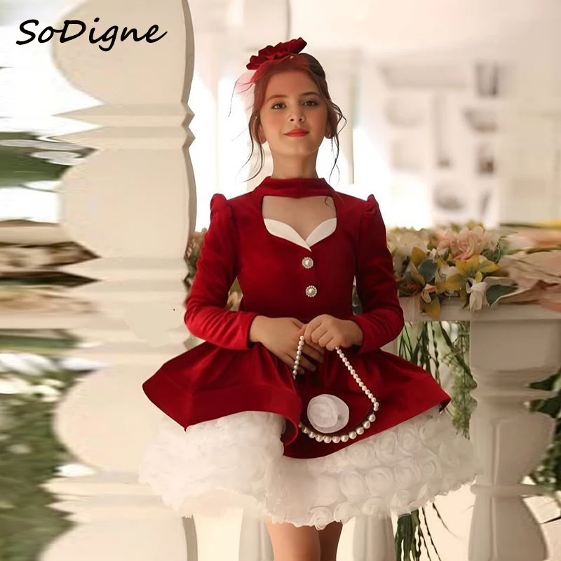 

SoDigne A-line 3D Flower Velvet Flower Girl Dress Halter Full Sleeves 2025 Girls Skirt Party Dresses Kid Gown Customized