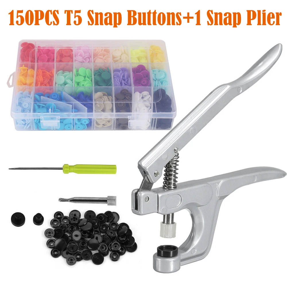 

150 Pcs Complete Nice Sets T5 Press Poppers Resin Snaps Fasteners + Pliers Tool
