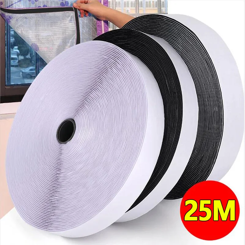 25M Strong Self Adhesive Hook and Loop Fastener Tape Nylon Sticker Hook Loop Strap with Glue for DIY Clothing Craft Accessories