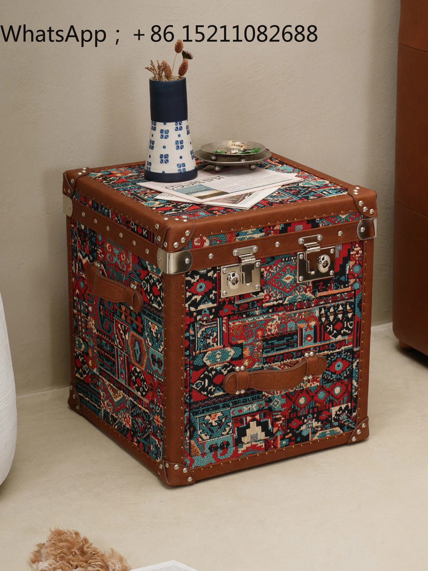 LLY bedside table medieval ethnic style bedroom aniline light oil wax leather colored woven fabric storage locker