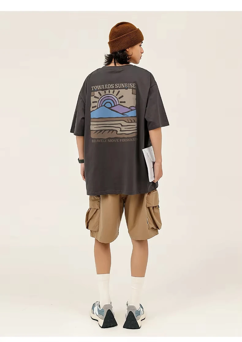 T-shirt Homme Été 2026 Rétro Imprimé Paysage Lettres Col Rond Décontracté Ample Style Urbain 100% Co
