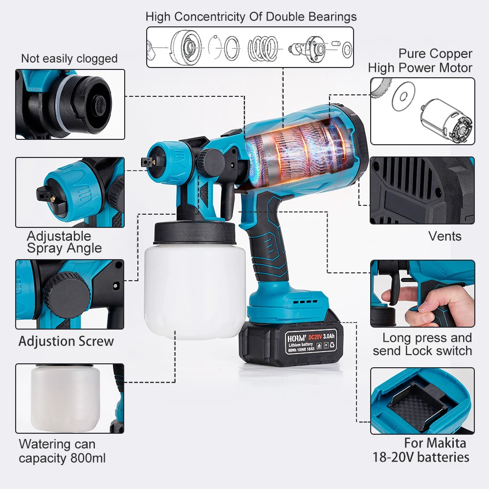 800ML Cordless Electric Spray Gun Home Paint Sprayer Flow Control High Power Paint Airbrush Easy Spraying For Makita Battery