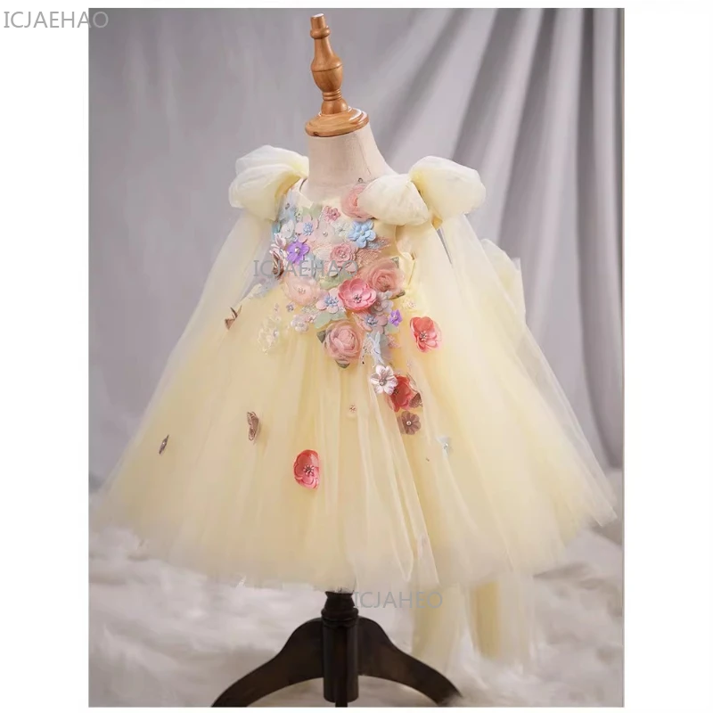 

Yellow Princess Dress for First Birthday Party Puffy Tulle Gown Outfit Flower Girl Pageant Occasion Toddler Girls Celebration