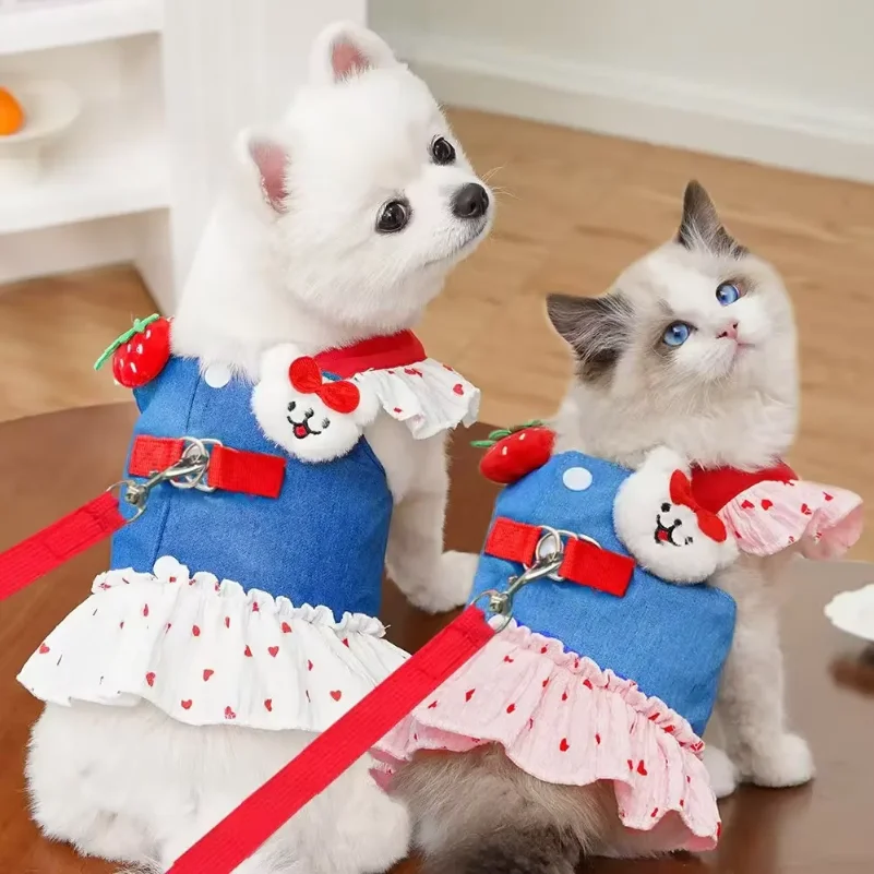 

Pet Collars Dog Strawberry Dresses Harness Leash Set Cat Vest Chest Strap Puppy Walking Lead Rope for Small Medium Dogs Supplies