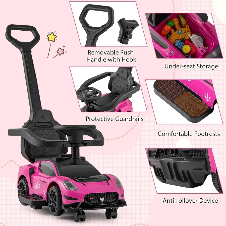 Duwwagen voor peuters 3-in-1 gelicentieerde Maserati-kinderwagen Glijdend wandelwagen met handvat Vangrail onder stoel Opberghoorn en M