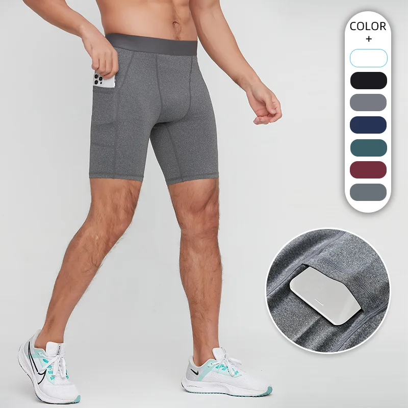 Shorts de Compressão com Bolsa de Cintura Masculina, Ajuste Apertado, Alta Elasticidade, Treino Longo, Esportivo, Ginásio, Maratona, Masculino, Verão