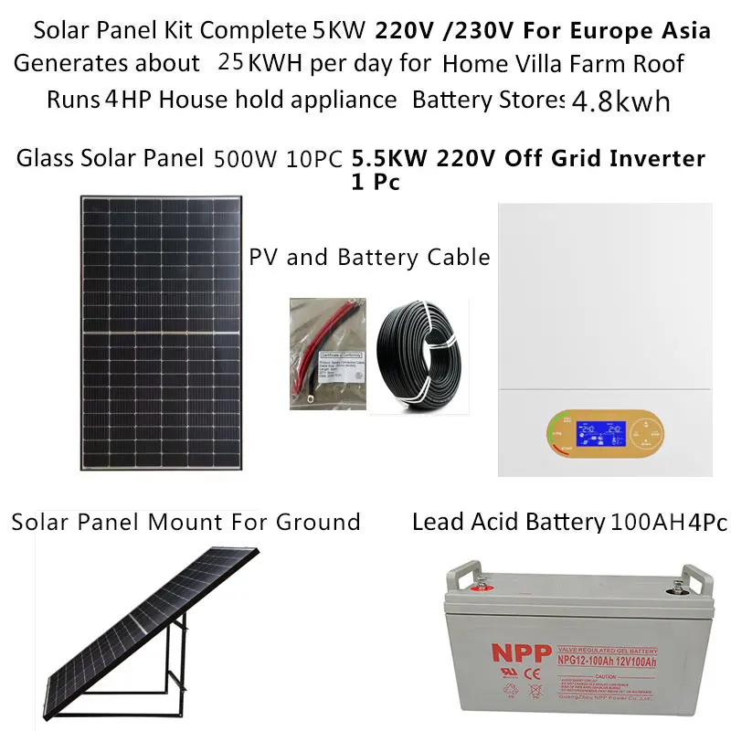 Solar System For Home Complete Kit 5000w 5000 Watt 220V 110V Hybrid On Off Grid Inverter MPPT Ground Mount  Battery Solar System