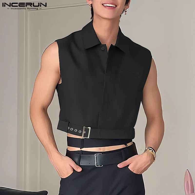 INCERUN Мужская рубашка, однотонная, без рукавов, на пуговицах, повседневные укороченные топы, мужская уличная одежда, 2021, модная мужская одежда в корейском стиле