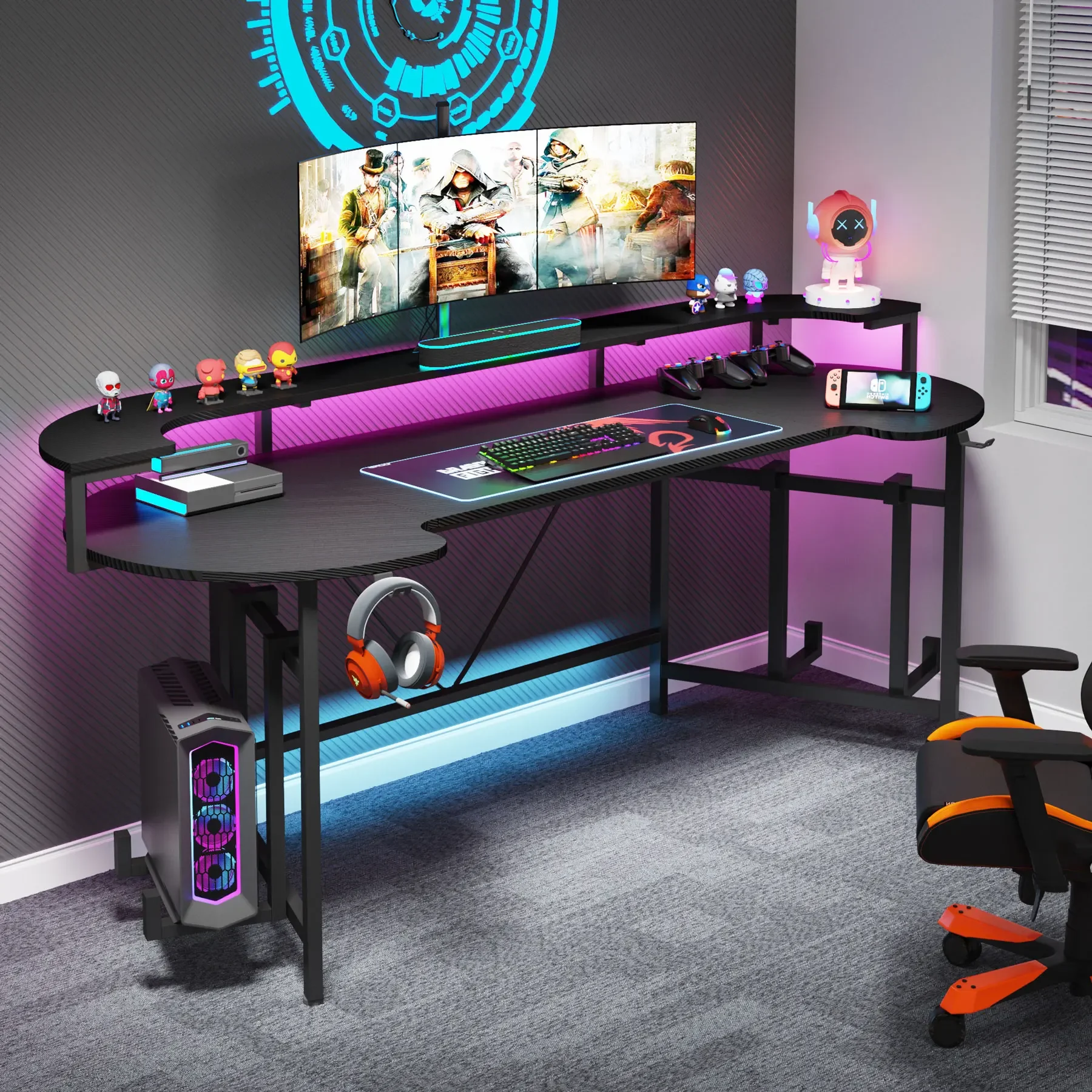 

Tribesigns Gaming Tables Computer Table Gaming Desk With LED Strip & Monitor Shelf For Home