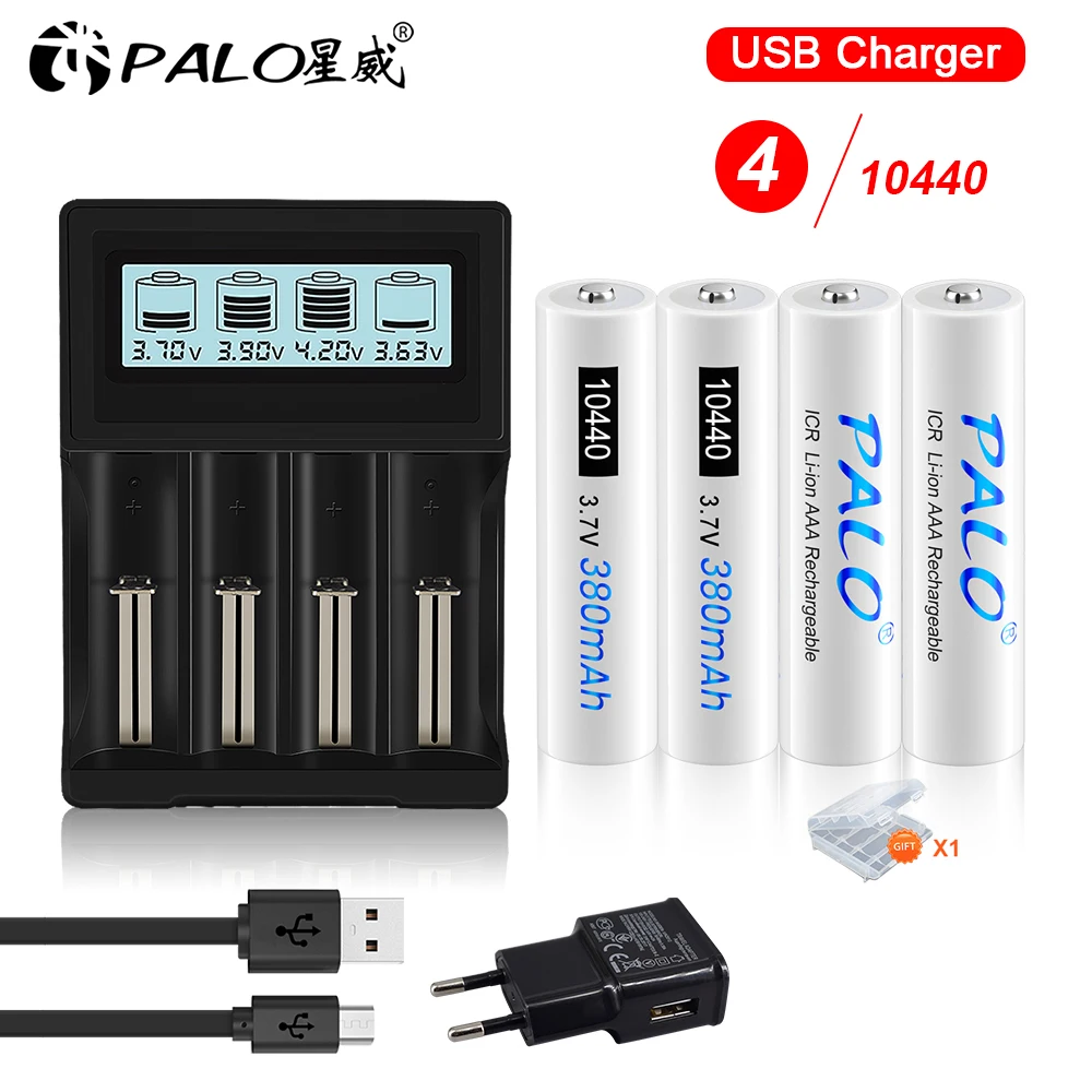 PALO 10440 Battery 380mAh Rechargeable Battery 3.7V Li-ion AAA Batteries for Microphone Headlamp Flashlight Radio Small Fan