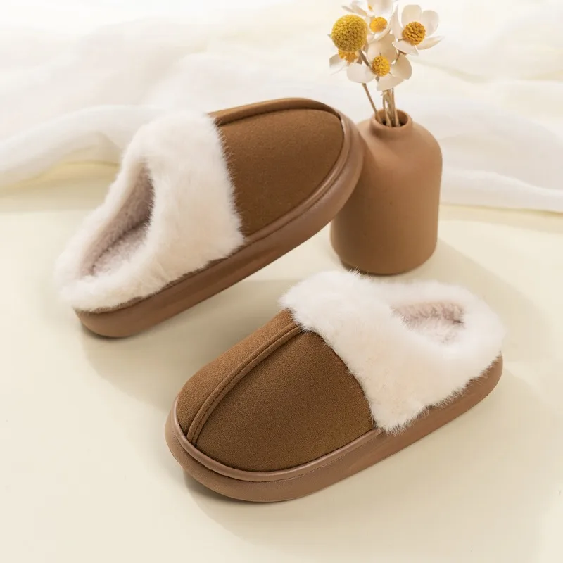 

Детские хлопковые тапочки для детей от 2 до 18 лет, коричневые утолщенные туфли с подкладкой для мальчиков и девочек, осенне-зимние мягкие нескользящие детские меховые тапочки