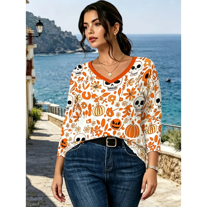 Background Halloween Pumpkin Skull Floral Print Contrast Orange Trim V-Neck Loose Plus Size Long Sleeve Top Casual All-Match