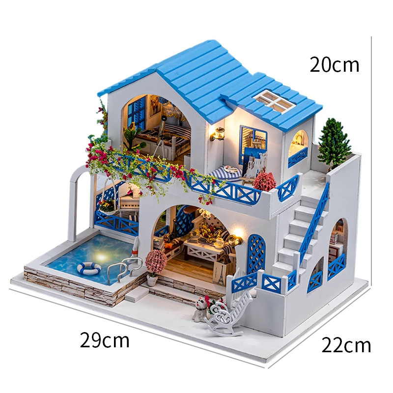 DIY Wooden Doll Houses Blue and White Town Casa Miniature Building Kits with Furniture Led Dollhouse for Adults Birthday Gifts images - 6