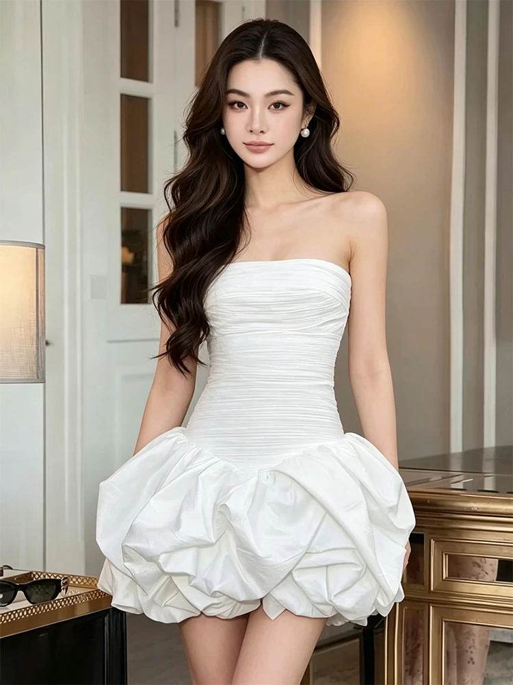 

Retro Color Strapless Dress Women's High Waist Puffy Skirt Elegant Fashionable Short Ball Gown Style Polyester Fiber