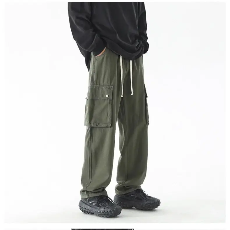 Army Green Ami Work Pants Men's Multi-Pocket Elastic Drawstring Straight Pants Korean Version Japanese