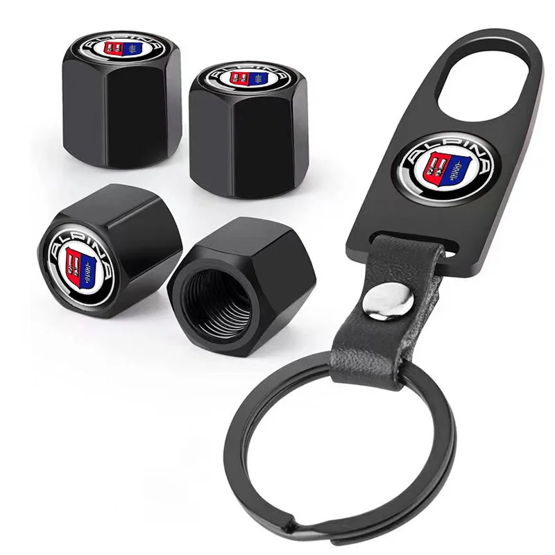 Ein Satz Reifenventilkappen Radkappen mit Leder-Schlüsselanhänger für ALPINA M Power Logo E46 E39 E60 E36 E90 F30 F10 X5 E53 F20 E34 G01