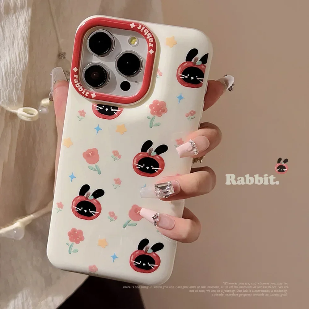 Funny tomato Black Rabbit flowers Phone Case For iPhone 16 15 14 13 12 11 Pro Max Xr Xs Max 16Plus Case Cute Sweet cartoon Cover