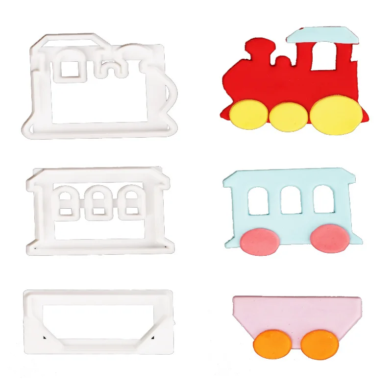 Fondant Cake Decorating Cookie Embosser Mold Cartoon Car Tractor Train Shaped Biscuit Pastry Stamp Hand Press For Baking Tools