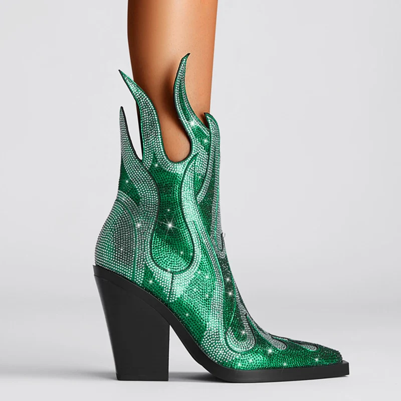 

New Rhinestone Ankle Boots Women Square Toe Side Zipper Chunky High Heels Women Fashion Platform Shoes Women Botas de mujer