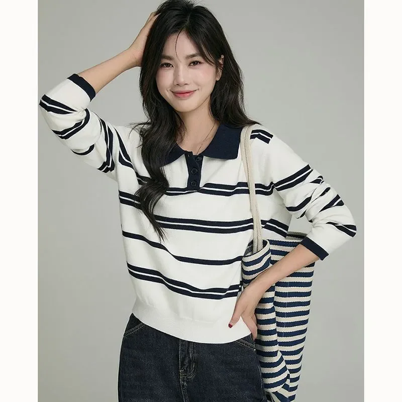 Women Striped Polo Collar Knitted Sweater Long Sleeve Loose Preppy Casual Pullover Top