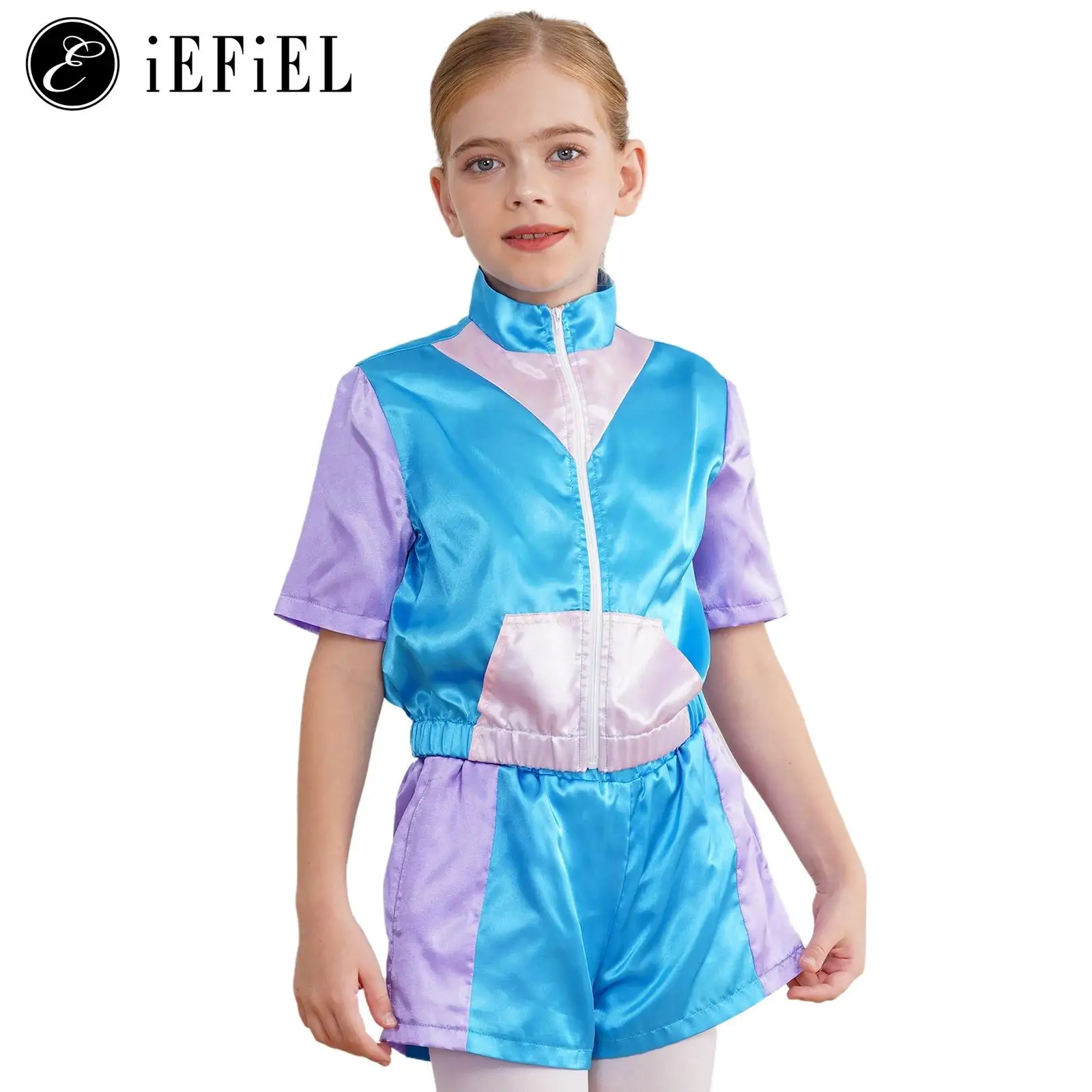 Kids Girls Boys Jock Riding Horse Costume Silky Mock Short Sleeve Zip Coat with Shorts Derby Horse Race Competition Sports Suits