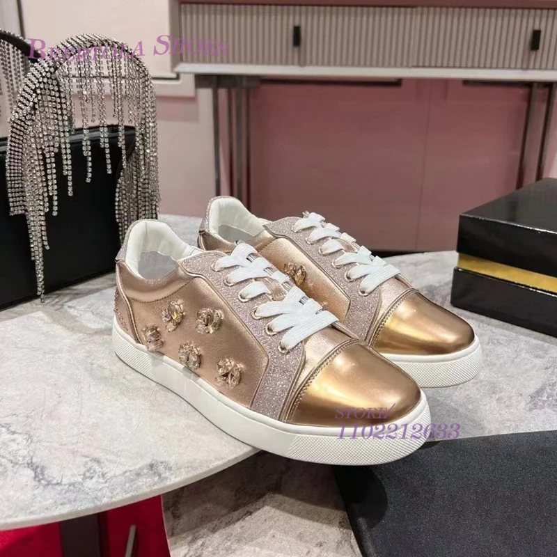 Gold Leather Sneakers Jeweled Strap Women Glitter Flat Casual Men White Sports Lace Loafers Spring Mules Round Sequin Bling Shoe