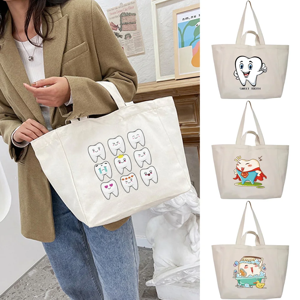 Shoulder Bag Handbags Portable Travel Shopping Bags Women Canvas Teeth Print Tote Packet Casual Wild Storage Pouch New Style2024