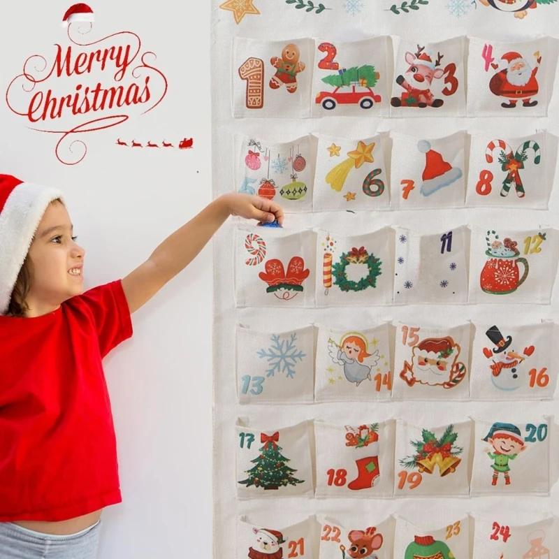 Calendário advento preenchível com 24 bolsos lona decoração suspensão parede