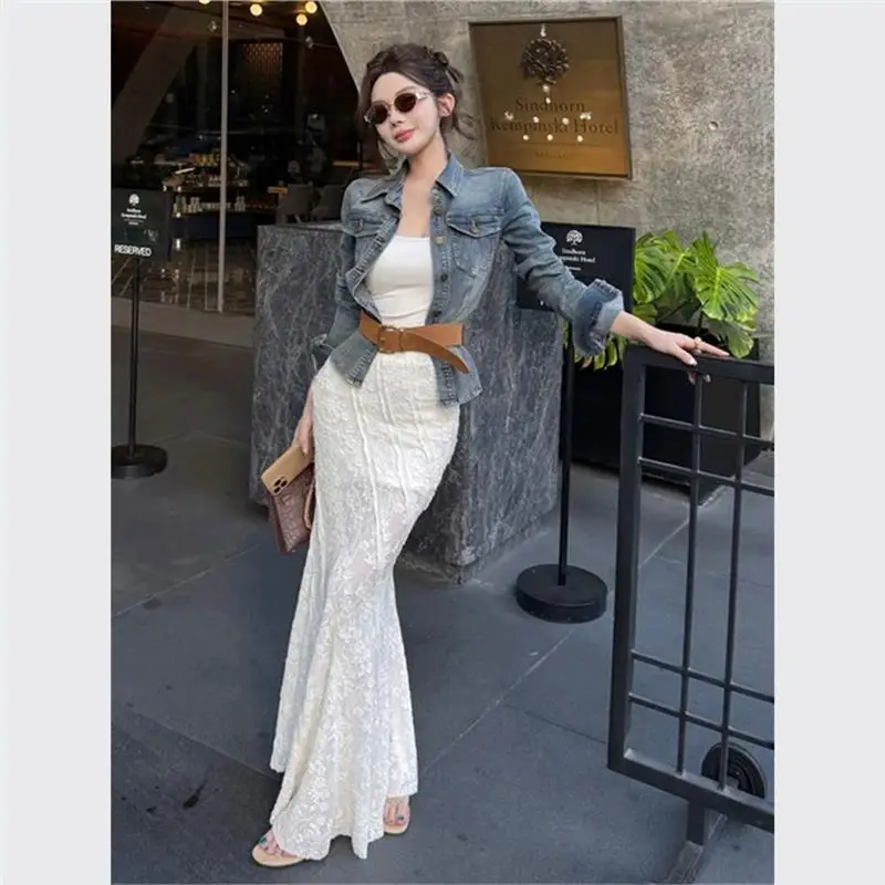 

Ele Lace f Skirt Women's Slim Fit Long Skirt Sexy Slimming Wrap around High Waist Gored PU Leather Autumn New Sle