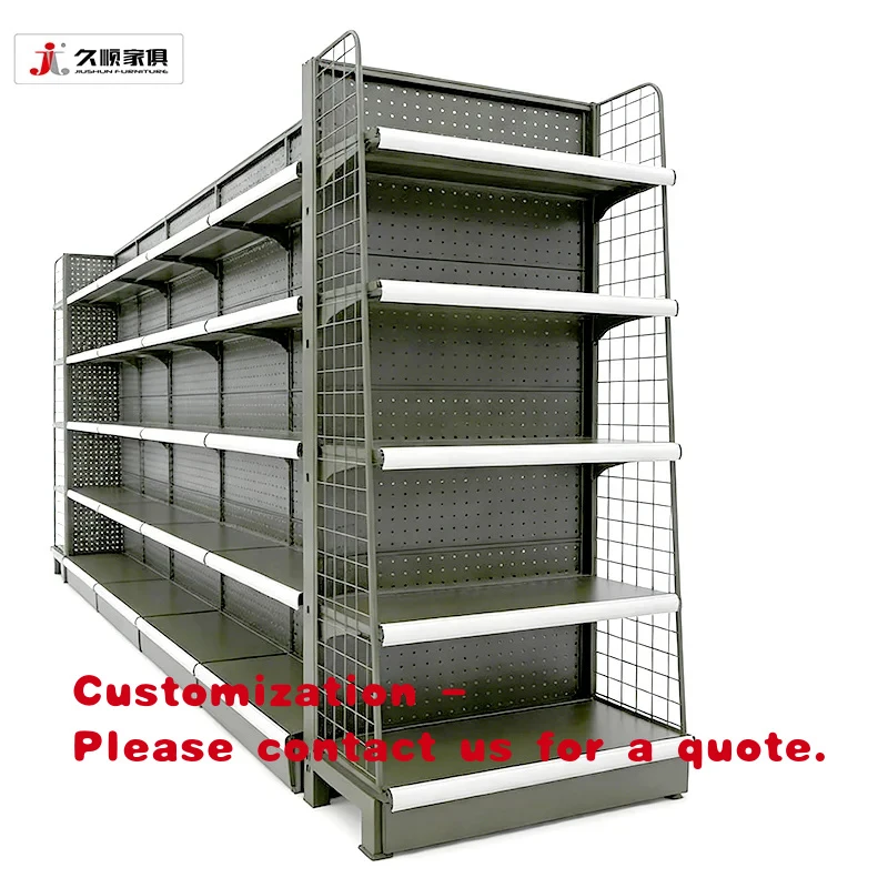 custom.JIUSHUN High Standard Gondola Shelving Metallic Goods Sturdy Customized Supermarket Shelves Retail Store