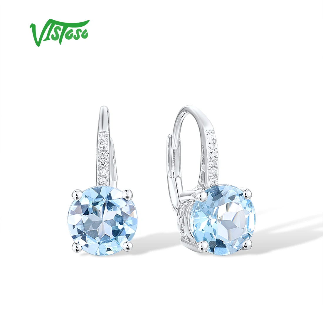 VISTOSO Genuine 14K 585 White Gold Earrings For Lady Sparkling Sky Blue Topaz Diamond Charming Lover Gifts Party Fine Jewelry